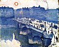 Peinture dans les bleus représentant en léger surplomb un pont en oblique sur un fleuve, avec taches noires figurant passants et véhicules, immeubles estompés au fond et soleil cerclé de rouge