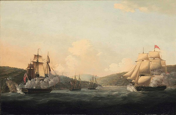 The capture of the 32-gun French frigate Amiable and the corvette Ceres after their encounter with Sir Samuel Hood in the Barfleur, with the Valiant a