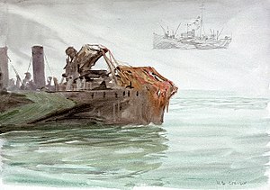 The damaged USN destroyer Shaw at Portsmouth, 1918, and a dazzle-painted armed merchantman The damaged USN destroyer 'Shaw' at Portsmouth, 1918, and a dazzle-painted armed merchantman RMG PV0085.jpg