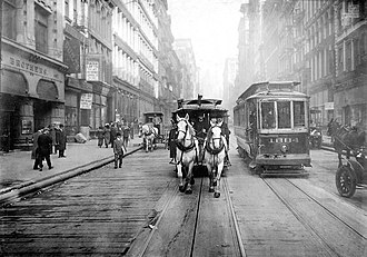 Horse-drawn trams continued to be used in New York City until 1917. The last of the Horse Drawn Carriages.JPG