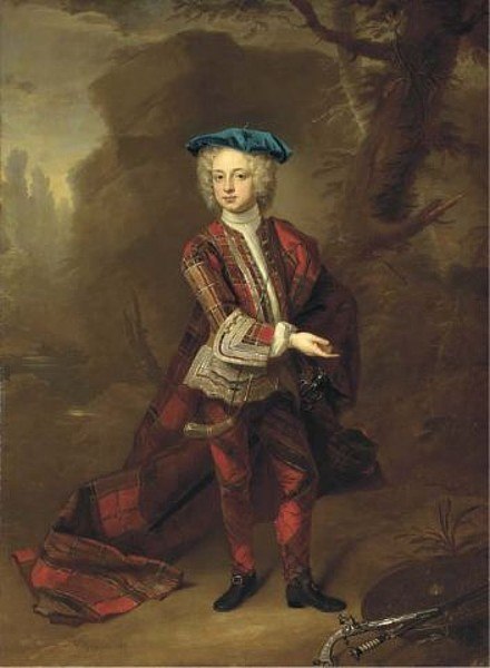 The Duke of Leeds as a child, in Highland costume, with a targe, a sword and a pistol beside him, in a landscape, oil on canvas, by Hans Hausing, 1726