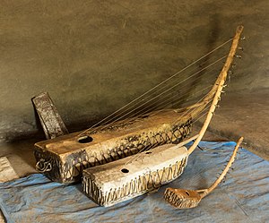 Three different sizes of adungu in a Baptist church in Adjumani Settlement in northwestern Uganda. Three Adungu Harps.jpg