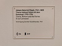 «Titania liebkost den eselköpfigen Bottom» by Johann Heinrich Füssli — 1895 — Kunsthaus (Erläuterungstafel)