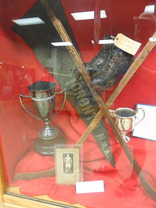 Blueshirts' championship banner on display at International Hockey Hall of Fame along with items Harry Cameron used