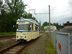 Gotha-Triebwagen als Museumsfahrzeug bei der Ausfahrt aus dem Betriebshof Kappel