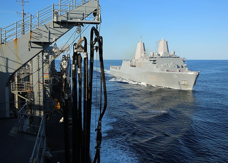 File:USS Arlington pulls along-side USNS Arctic to receive fuel and cargo delivery training during replenishment at sea. (32886754003).jpg