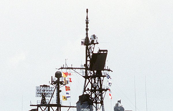 Masts of USS Macdonough (DDG-39) showing an SPS-48 radar near the center of the image