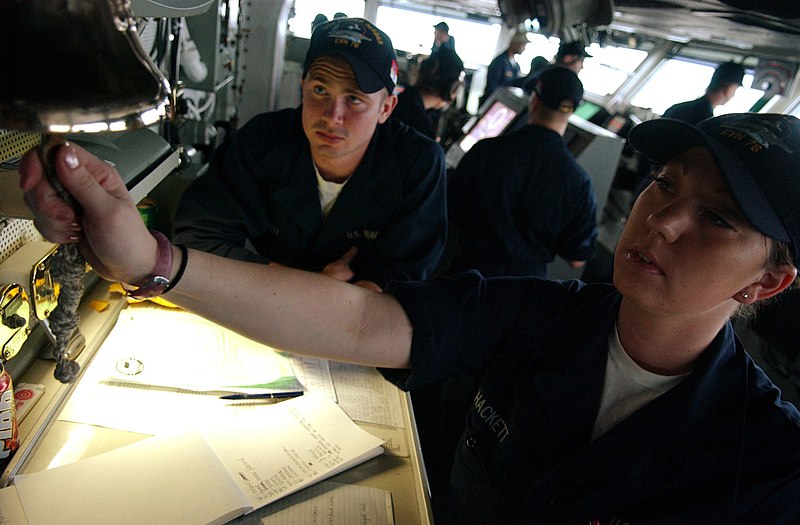 File:US Navy 060409-N-4776G-110 Boatswain's Mate Seamen Andrea M. Hackett rings three bells to signal the hour of 1730 for the crew aboard the Nimitz-class aircraft carrier USS Ronald Reagan (CVN 76).jpg