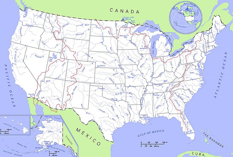 Karte der Hauptflüsse und wichtigsten Seen der USA