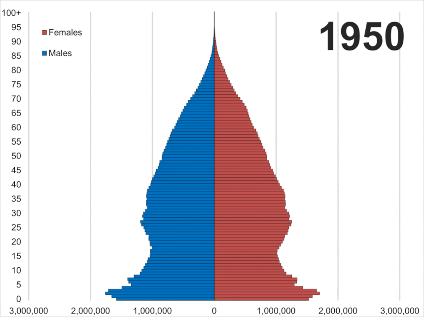 Population pyramid of the United States overtime from 1950 to 2020