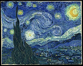 La nit estelada per Vincent van Gogh, presenta estrelles taronges, un Venus taronja i una Lluna taronja (1889)
