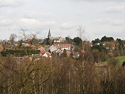 Ein Bild der Skyline von Viesville;Inmitten von Wäldern sind ein Kirchturm und mehrere kleine Gebäude zu sehen