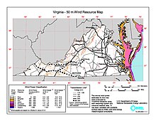 2003 US Department of Energy wind resource map of Virginia Virginia wind resource map 50m 800.jpg