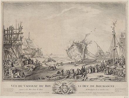 The side launch of French ship Duc de Bourgogne at Rochefort on 20 October 1751.