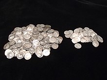 Wythoff's game is played with two piles of counters Westbury sub Mendip 2016T462. 189 silver denarii cleaned for ID, January 2017. Two piles as hoard divided by find days. (FindID 810901).jpg