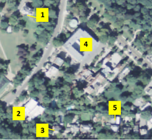 A satellite view of Whitehaven and surrounding neighborhood showing, (1) the Vice-President's Residence (One Observatory Circle); (2) the chancery of the New Zealand embassy; (3) Whitehaven estate; (4) the chancery of the British embassy; (5) the chancery of the Sri Lankan embassy. Whitehaven aerial view.png