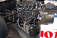 Foto van een V6-motor in een Formule 1-auto