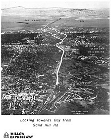 Photograph of Sand Hill Road in December 1969, in the non-approved "Willow Expressway" proposal, which would have extended Sand Hill to connect Interstate 280 to the Dumbarton Bridge Willow Expressway- Looking towards Bay from Sand Hill Rd (1971).jpg