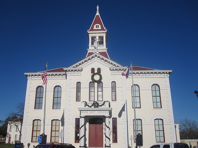 At the center of downtown Floresville, the Wilson County Courthouse is decorated at Christmas time, 2009.