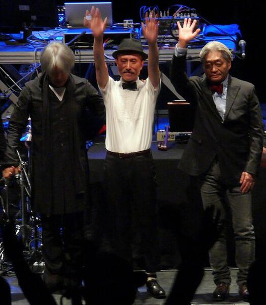 YMO after playing a 2008 concert in London. From left to right: Ryuichi Sakamoto, Yukihiro Takahashi, Haruomi Hosono