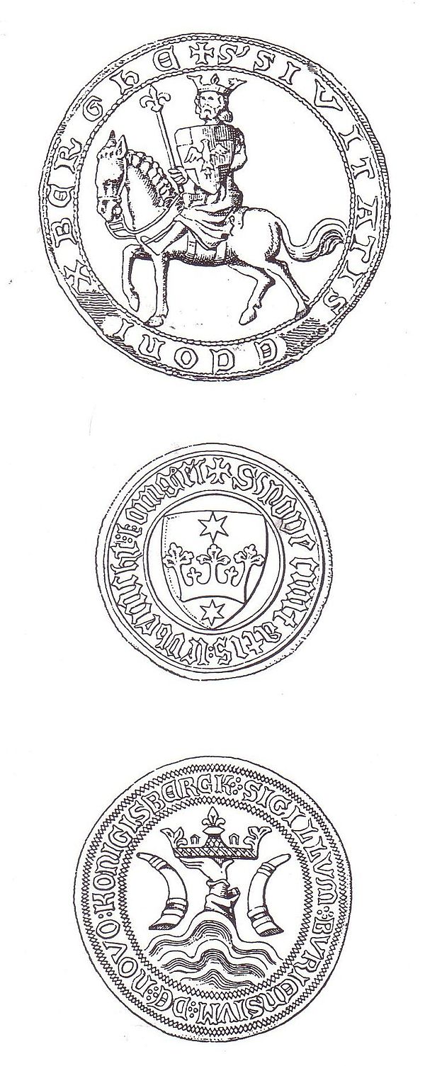 Oldest remaining seals of (from top) Altstadt (1360), Löbenicht (1413), and Kneiphof (1383)