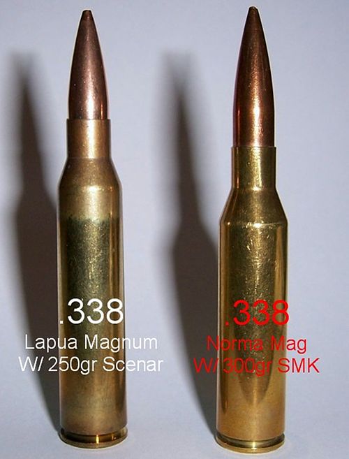 .338 Lapua Magnum cartridge next to a .338 Norma Magnum