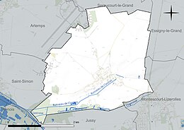 Carte en couleur présentant le réseau hydrographique de la commune