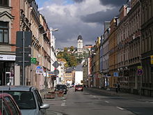 Wettinerstraße mit Blick auf die Friedenskirche