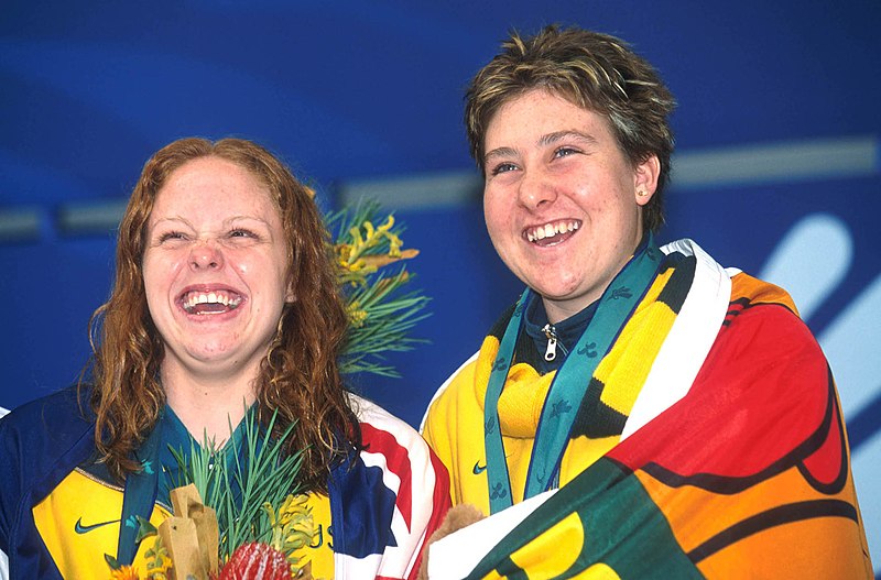 File:141100 - Swimming Siobhan Paton Alicia Aberley medal podium - 3b - 2000 Sydney medal photo.jpg