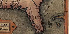 A section of a map from the 1584 edition of Abraham Ortelius's Theatrum Orbis Terrarum, Additamentum III showing the name C. de Cañareal