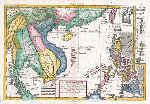 Cartographic map of Southeast Asia in 1780, by Rigobert Bonne and Guillaume Raynal, Siam (green) shown on the peninsula