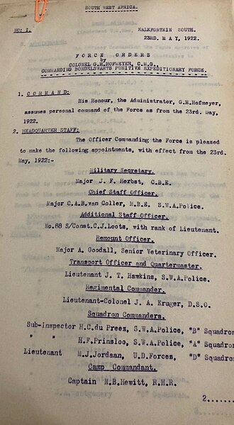 File:1922 Force Orders by Colonel GR Hofmeyr CMG Commanding Bondelswarts Punitive Expeditionary Force 23 May 1922.jpg
