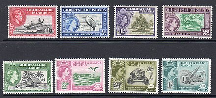 Stamps of the Gilbert and Ellice Islands with portraits of King George VI and Queen Elizabeth II