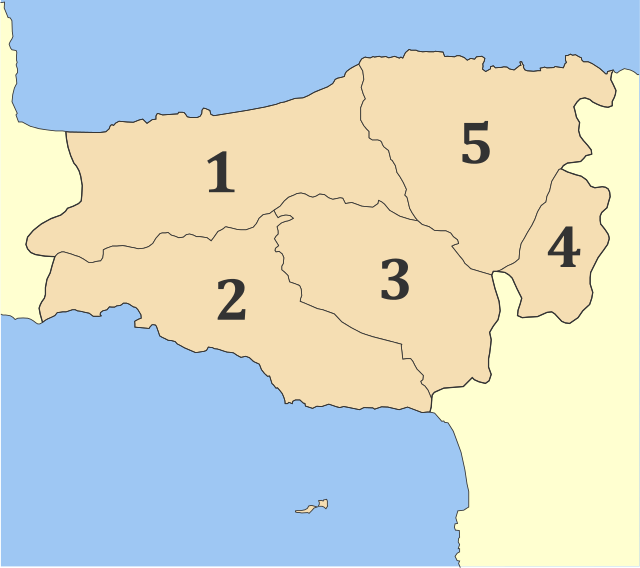 Mapa dos municípios da unidade regional de Retimno. 1: Retimno; 2: Agios Vasileios; 3: Amári; 4: Anogeia; 5: Milopótamos.