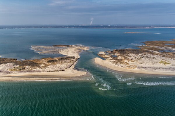 Aerial view of the breach at Old Inlet, looking from the Atlantic Ocean toward Great South Bay, on November 10, 2012.