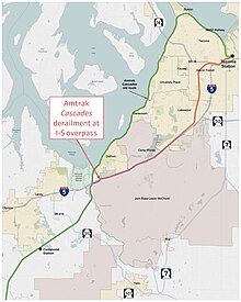 Overview of new Amtrak Cascades inland route (red; to the south), showing accident location, and old shoreline route (green; to the north) 2017 Washington train derailment overview map.jpg