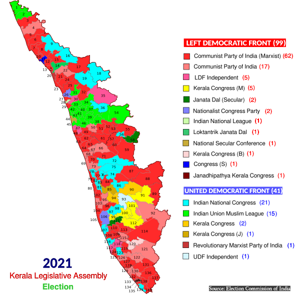Map of Kerala showing 2021 State Legislative Assembly Election Results