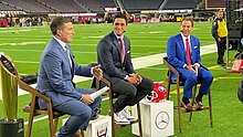 Saban giving pre-game analysis alongside ESPN's Rece Davis and David Pollack ahead of the 2023 College Football Playoff championship game 2023-0109-CFPtitlegame Rece Davis David Pollack Nick Saban.jpg