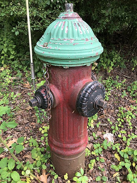 File:2023-06-04 15 54 34 Green and red fire hydrant at the southeast end of Westwood Drive in the Mountainview section of Ewing Township, Mercer County, New Jersey.jpg