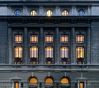 Engaged columns on the Beaux Arts facade of the University of Bucharest on Strada Edgar Quinet, Bucharest, Romania, by Nicolae Ghika-Budești, in collaboration with Duiliu Marcu, 1914-1934