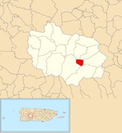 Adjuntas barrio-pueblon sijainti Adjuntasin kunnassa punaisella