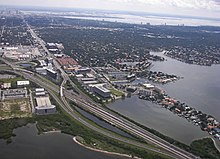 Eastern terminus of the Howard Frankland Bridge Aerial view of west Tampa, Florida.jpg