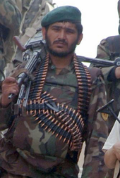 Modern Afghan National Army soldier wearing a belt of ammunition Afghan National Army Soldier with Bandolier Clips.png