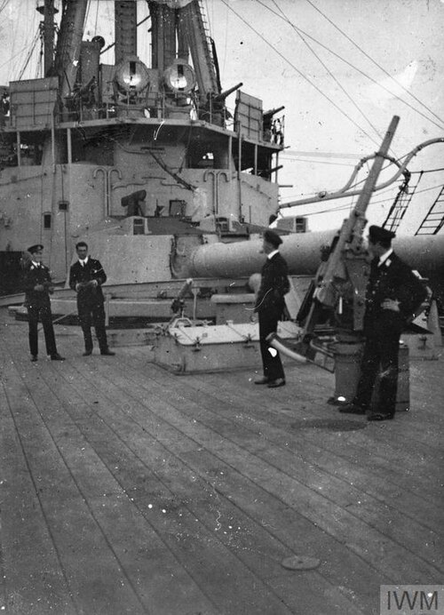 Agamemnon's 3-pounder Hotchkiss gun on a high-angle mount on the quarterdeck