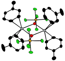[AgOTeF5-(C6H5CH3)2]2 molecule. (Hydrogen atoms not shown.)
Carbon (C)
Fluorine (F)
Oxygen (O)
Tellurium (Te)
Silver (Ag) Agteflate.png