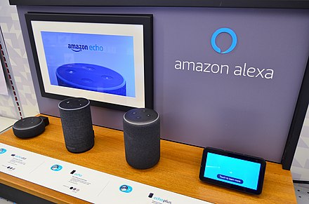 Amazon Alexa devices on display in a retail store
