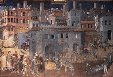 Siena in the 14th century depicted by Ambrogio Lorenzetti Ambrogio Lorenzetti - Effects of Good Government on the City Life (detail) - WGA13491.jpg