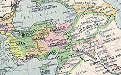 Anatolia 264 BC - 180 AD showing Roman possessions by; Yellow: 133 BC; Green: 44 BC (Death of Caesar); Brown: 14 AD (Death of Augustus); Pink: 180 AD (Death of Marcus Aurelius). Provincial names underlined in Grey (solid Imperial, dotted Senatorial).... boundaries prior to Diocletian revisions c. 293 AD. Anatolia 264.jpg