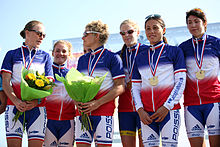 Jessica Harrison, Carole Peon, Aileen Morrison, Andrea Hewitt, and Kathrin Muller) again with the gold medal in Nice, 2012. Andrea Hewitt PoissyTriathlon2012.JPG