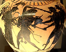Ánfora de cerámica de figuras negras, que representa la disputa entre Apolo y Heracles por el trípode de Delfos. Relacionada con el denominado Grupo de Toronto 305. Hacia 510 a. C.[44]​